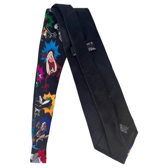 VTG Mens Looney Tunes Silk Tie Black Cartoon Character Bugs Bunny Daffy Duck Taz - Picture 3 of 7